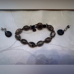 Fossil Bronzetone, Oval Real Stone & CZ Bead Bracelet w/ earrings